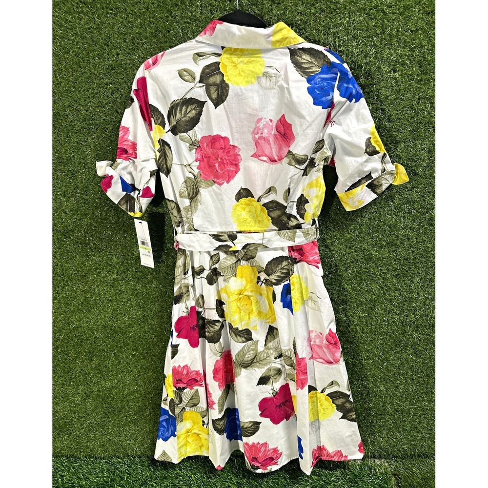 Calvin Klein Women's White Floral Collared Belted Shirt Dress Short Sleeve 4